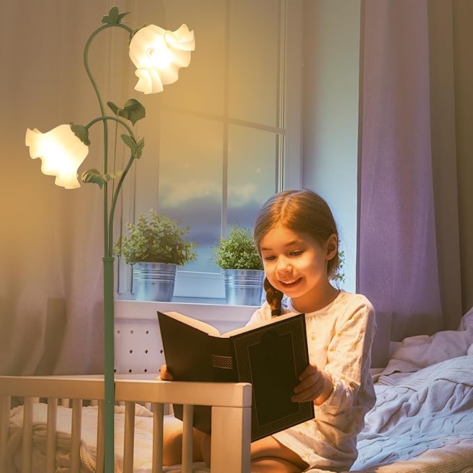 HMVPL Flower Floor Lamp for Living Room, Vintage Floor Lamp with 2 LED 5W Blubs, Foot Switch, Green Standing Lamp with Acrylic Shade, Unique Floral Tall Lamp for Living Room Bedroom Corner Office