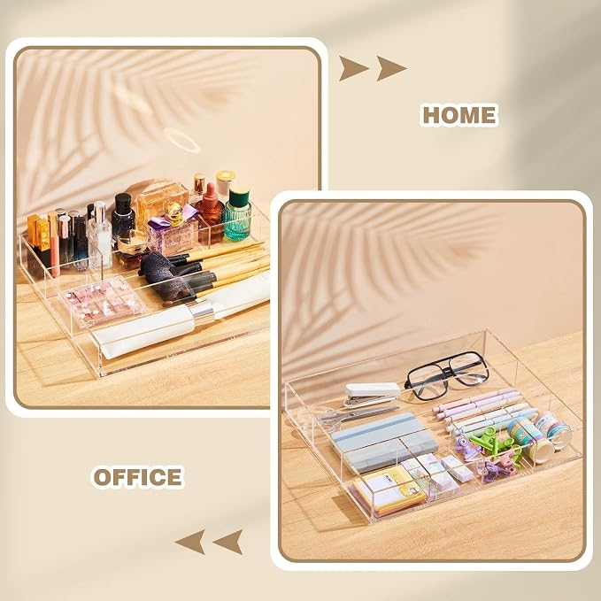 Large Acrylic Desk Deep Drawer Organizer with Adjustable Dividers, Anti-skip Clear Desk Top Junk Drawer Storage Tray for Pens, Desktop, Office, Bathroom, Kitchen, Makeup Supplies(6 Compartments)