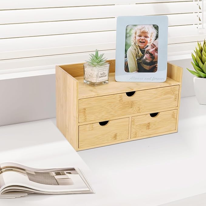 Charmewooden Bamboo Desk Organizer 3 Drawer with shelf, Countertop Organizer with Drawers Makeup Storage Drawer 3 Drawers Tabletop Storage Organization Box Home Office Workspace