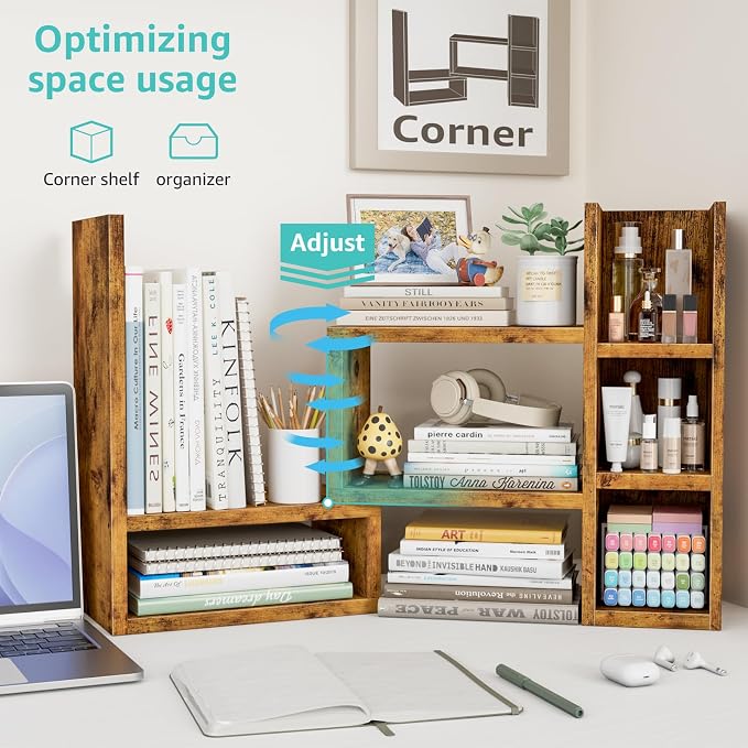 NUTIKAS Desk Shelves Desktop Organizer Shlef - Rustic Office Organization for Top of Desk Organizers and Accessories Corner Bookshelf Table Top Shelving Small Hutch Decorations for Office