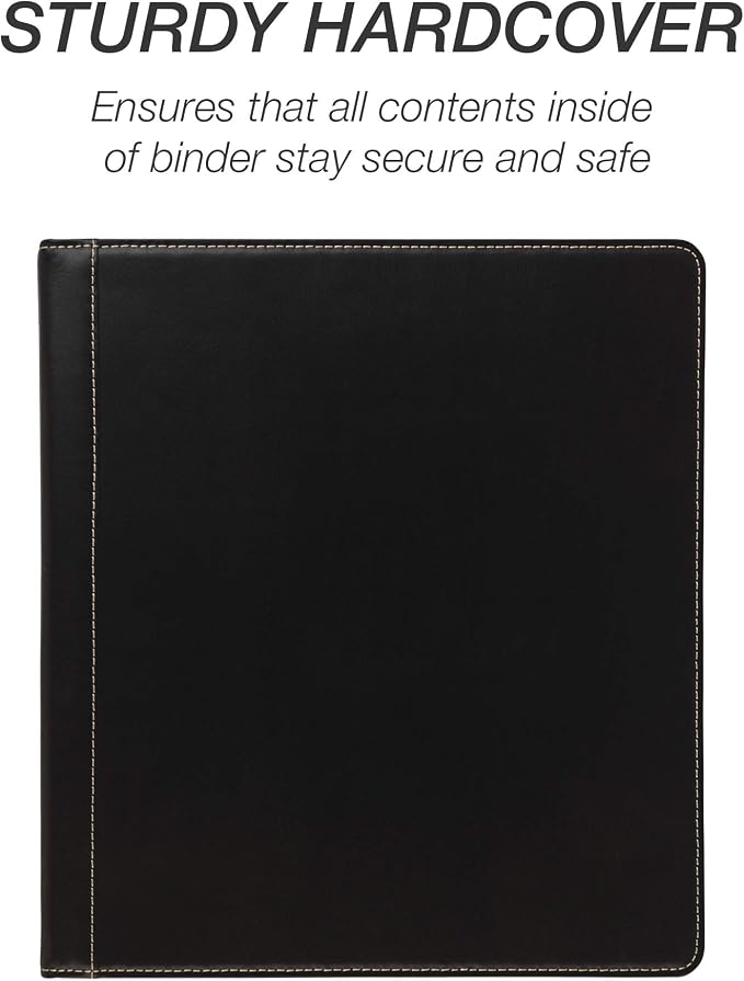 Samsill 1.5 Inch 3 Ring Binder, Leather, Black with Contrast Stitching, 8.5 x 11 Inch, 3 Rings, Notebook Binder, Portfolio Organizer, Planner, Journal