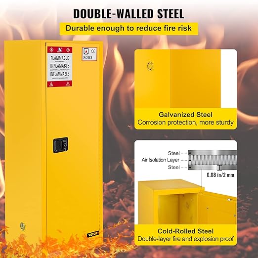 VEVOR Flammable Cabinet, 18" x 18" x 35", Yellow | Galvanized Steel, Safety Cabinet, Adjustable Shelf, Commercial, Industrial, Home Use