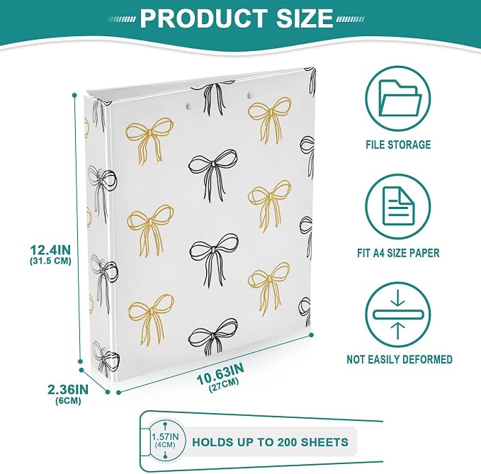ALAZA 3 Ring Binder Line Bow Clipboard Round Ring Binder Holds 1.5 Inch Three Binders Heavy Duty Binders for Office Supplies, 1Pack