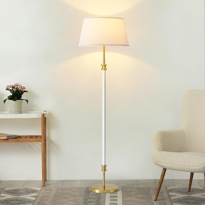 Modern Mid Century Floor Lamp with Soft Linen Shade, 63” Tall White & Brass Standing Lamp, Weighted Base, Warm Ambient Light for Living Room, Bedroom & Reading Corners (White & Gold)