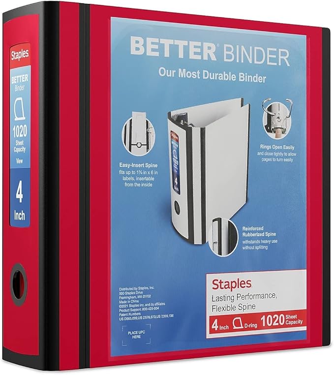 Staples Better Binder, 4 Inch D-Ring, Red, Reinforced Spine | High-capacity 3-ring view binder for school, office, and home document use.