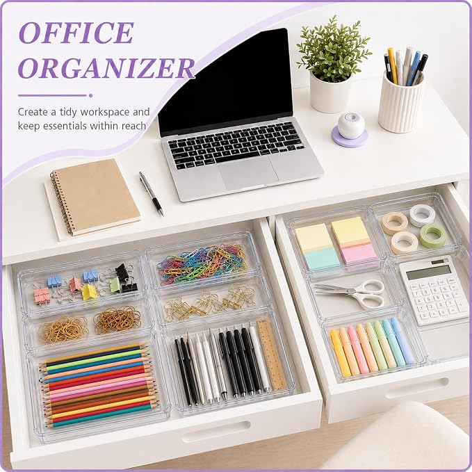 Clear Expandable Drawer Organizer Set, 16PCS Adjustable Drawer Organizers for Makeup, Cosmetics, Jewelry, Skincare, Bathroom, Kitchen & Dresser Storage, Transparent PET Drawer Storage Bins, 2 Sizes