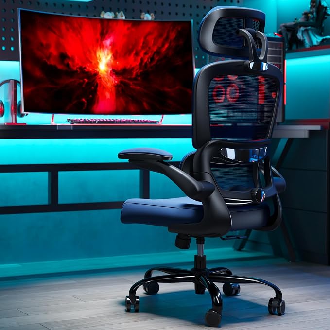 TRALT Office Chair Ergonomic Desk Chair - Gaming Chair with Lumbar Support | 330 LBS Home Office Desk Chairs with Headrest, Reading Chair with Flip-up Armrests, Comfortable Computer Chairs (1, Blue)