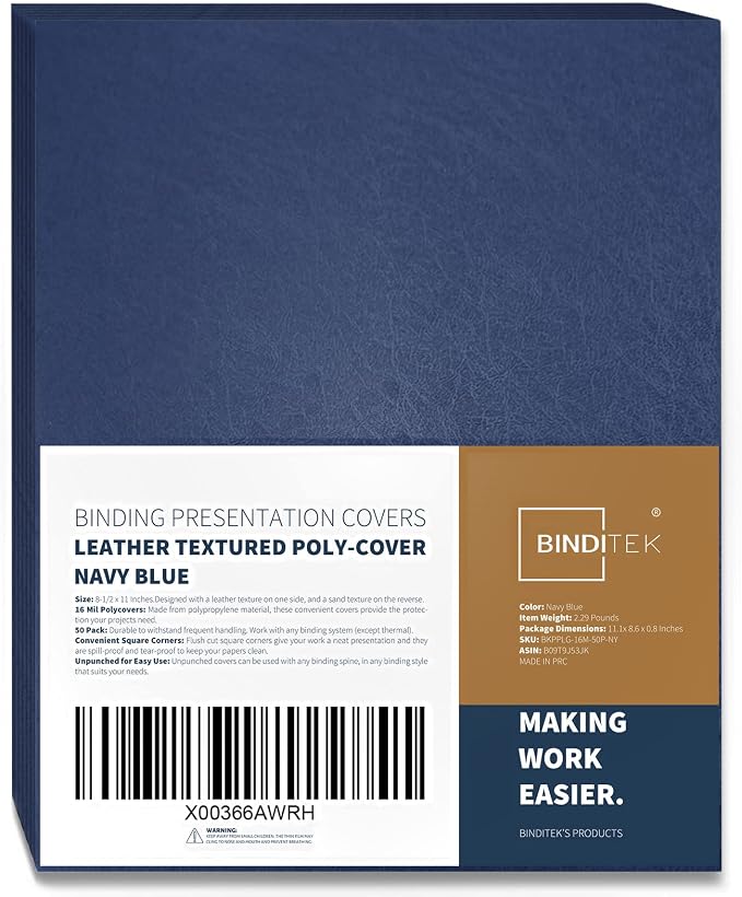Binditek 16 Mil Leather-Textured Polycovers, 8.5x11 Inches, Navy, 50 Pack | Leather-Textured Binding Covers, 8.5x11 Inches Letter Size, Plastic Binding Presentation Covers, Square Corners, Unpunched