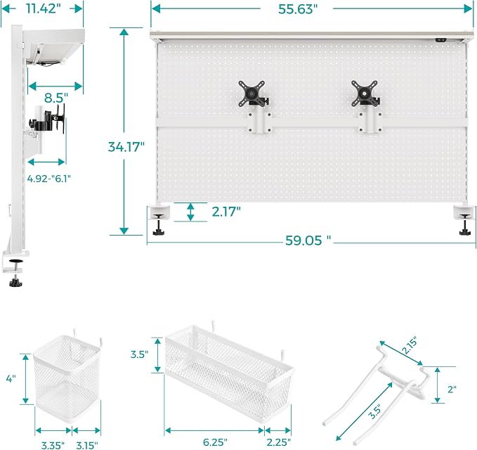 EUREKA ERGONOMIC Desk Pegboard Dual Monitor Stand 59x34 White | Large steel pegboard with dual monitor stands, LED lighting, privacy panel and modular accessories for gaming desks