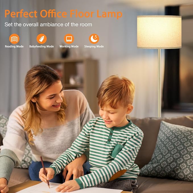 60'' Modern Floor Lamp with Remote, Tall Lamps for Living Room, Bedroom, Office, Dining Room, Beige Shade with Gold Pole(Included Bulb)