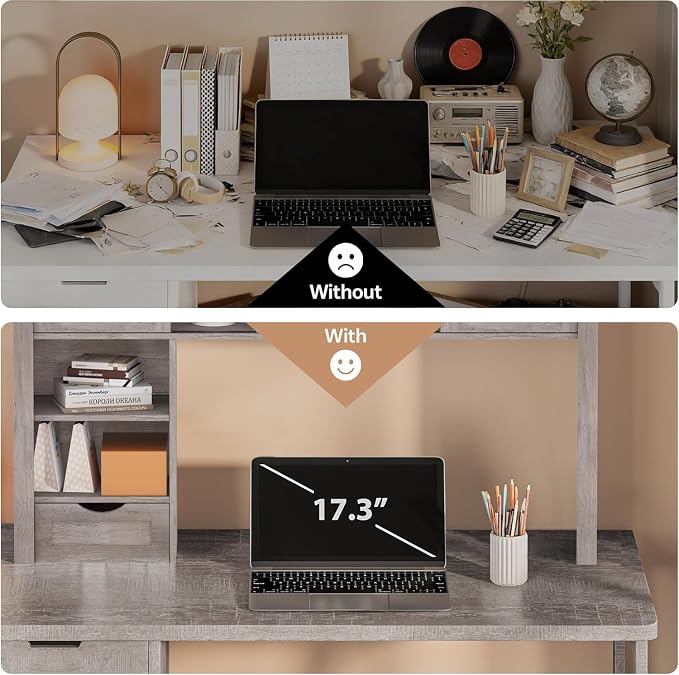 Large Desktop Bookshelf with Sliding Barn Door, 47.2''W Desk Shelf | Display Rack, Desktop Organizer Storage Rack with 7 Cubbies and Drawer, Home, Desk Shelf for Office, Dorm, Vanity, Oak