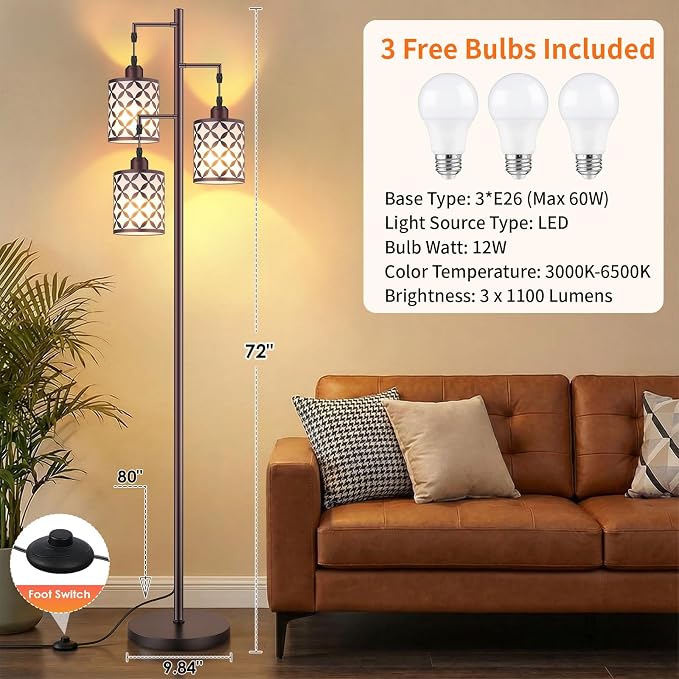 Dimmable Floor Lamp, Farmhouse Standing Lamp with Elegant Metal Cage, Industrial Tall Tree Floor Lamps for Living Room Bedroom Study Office with Remote & 3 x 1100LM 12W LED Bulbs, 72" Brown
