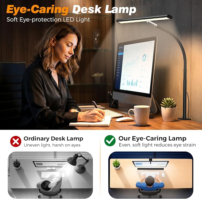 Airlonv LED Desk Lamp with Clamp, 17" Stepless Dimming Light, Black | 2700K-6500K, 100 LEDs, 360° Gooseneck, Fits Up to 30" Monitors, Flicker-Free Lighting for Home Office, Study& Workbench