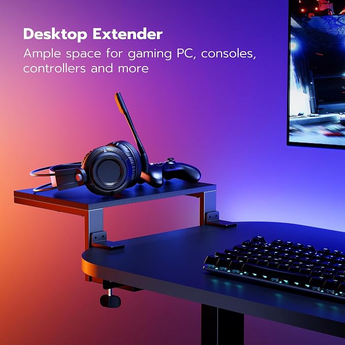 ARES WING Clamp-On Desk Extender Monitor Shelf, 15x9.8 up to 44lbs | Desktop Riser for Office/Gaming，Space Booster，Freestanding or Clamp Mount，No Drill Desktop Organizer，Black