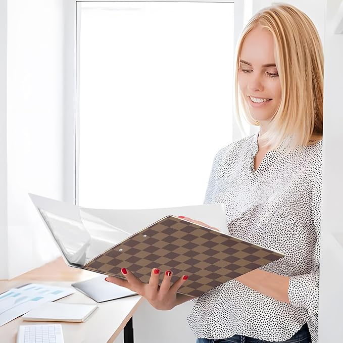 3 Ring Binder Brown Checkerboard B 1.5 inch Binders Three Ring Binders with Clipboard Fit 8.5'' x 11'' Paper 3 Interior PVC Clear Pockets for Office Supplies