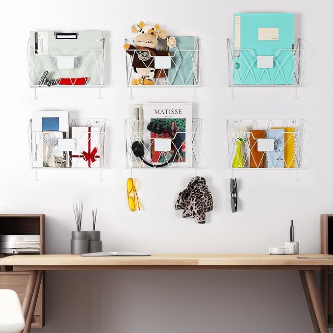 Wall File Organizer for Office, 6 Pack Metal Wall Baskets Wall File Holder | Hanging File Organizer with Hooks, Tag Slot, Mail Organizer Wall Mounted, Paper Document Magazine Organizing, Save Space