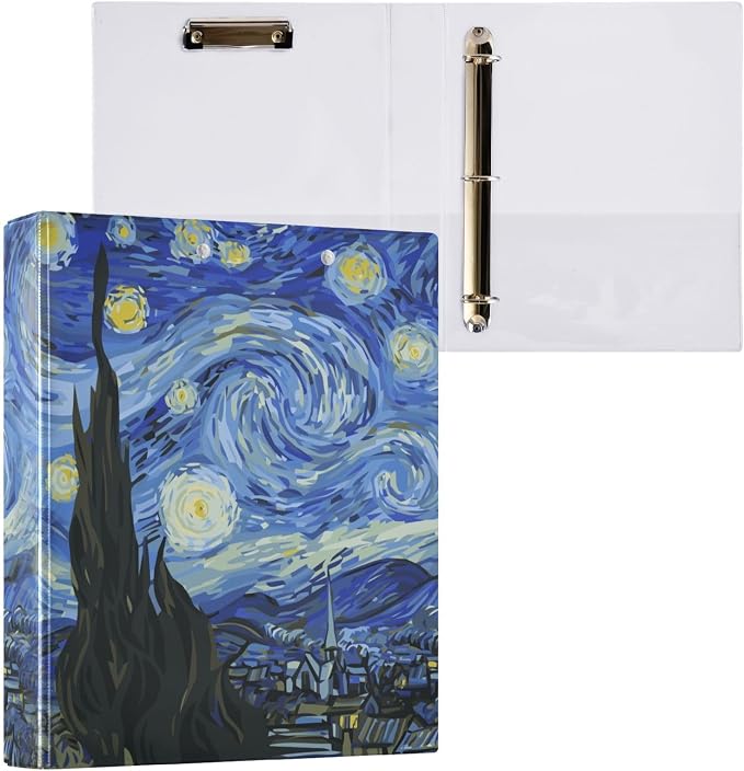 3 Ring Binder Starry Night Art Painting 1.5 Inch Binders A4 Size Cute Decorative Hardcover with 3 Interior Pockets Binder Organizer for Home School Office Supplies, 2 PC