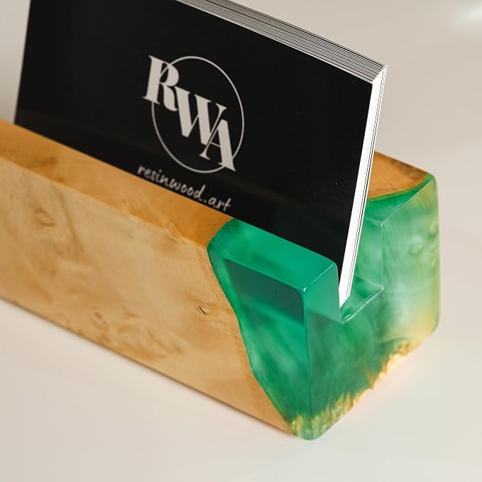 RWA Business Card Holder for Men & Women - Handcrafted Epoxy & Wood, Stylish & Durable Business Card Organizer, Premium Business Card Holders Desk Accessory for Professionals - ELEMENT aqua/maple