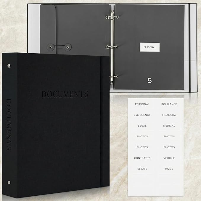 Important Document Organizer Set with Folders - Complete Linen Ring Binder | Safely Stores All Documents and Files in One Place - Easy to Use Expanding Storage with Envelopes, Pockets and Labels