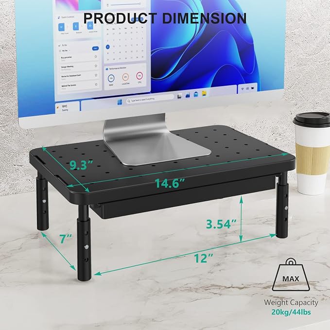 WALI Computer Monitor Stand with Storage, Monitor Riser 3 Height Adjustable | Laptop Riser with Airflow Vents, Desk Organizer for Computer, Printer, Notebook (PTT002-B), 1 Pack, Black