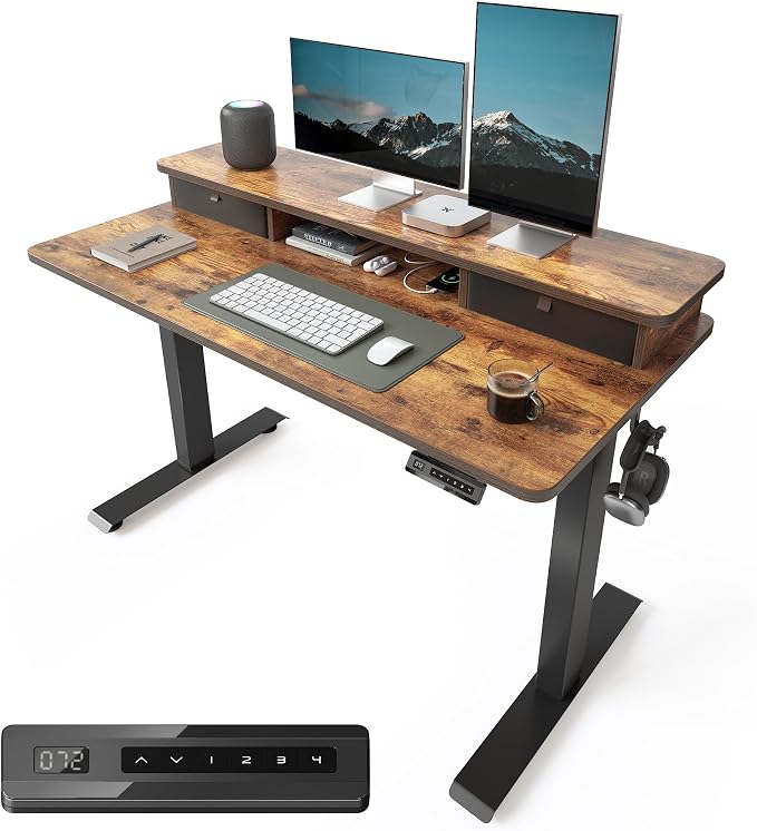 48x24 Inch Electric Standing Desk with Double Drawers, Adjustable Feet & Hooks, Ergonomic Home Office Workstation, Brown