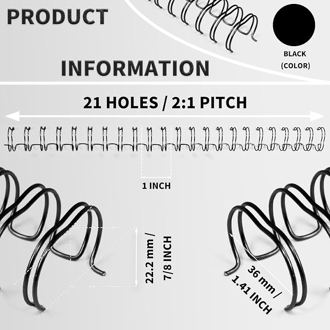 RAYSON 2:1 Wire Binding Spines 21 Loop, 7/8 Inch, Black, 220 Sheet, 50 Pack | 2:1 Pitch Binding Wire | Double Loop Wire Design | Binds Up to 220 Sheets | Letter Size Compatible | Smooth Page Turning