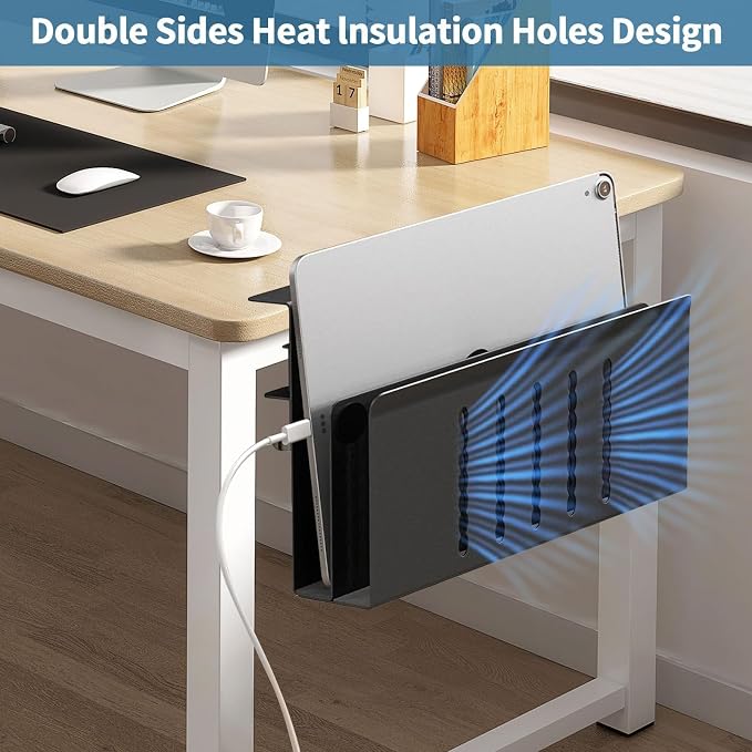 2 Tie Desk Side Storage, Under Desk Storage Organizer, Black | osseph Desk Storage, No Drill Clamp to 0.5-2.38" Desks, Cooling Vents Vertical Rack, Magnetic Pen Holder, 30 Lbs Carbon Steel