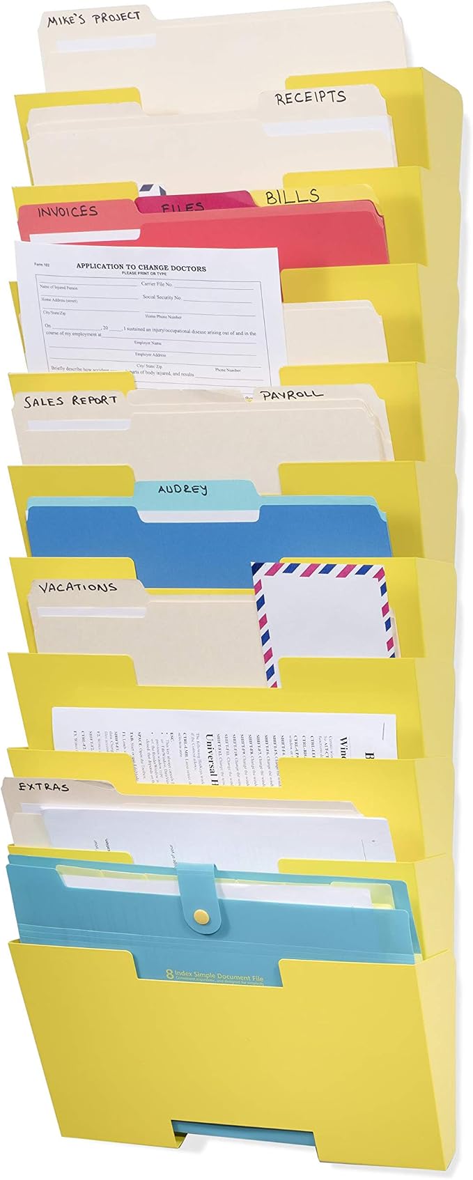 Wallniture Lisbon 10-Tier Metal Wall File Holder Organizer for Organization and Storage, Yellow Office Decor and Magazine Holder