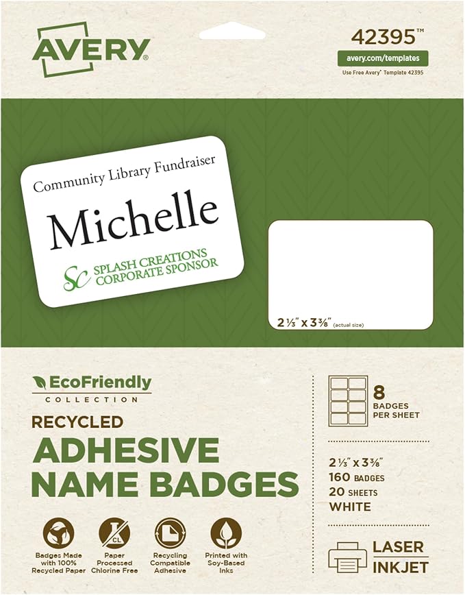 Avery® EcoFriendly Recycled Name Tags, 2-1/3" x 3-3/8", White, Removable Adhesive, 160 Printable Name Badges (42395)