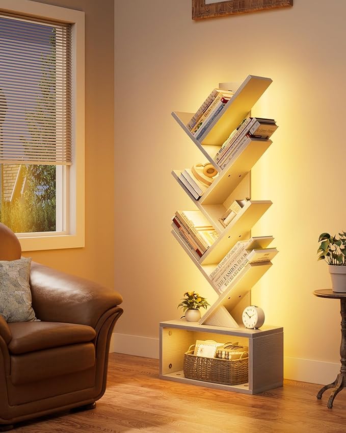 Evermagin 6 Tier Tree Bookshelf with Lights, LED Book Tree Bookcase | White with Storage Organizer, Small Corner Bookshelf Floor Standing Book Shelf for Living Room, Bedroom & Home Office
