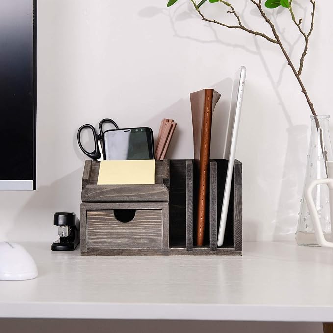 Liry Products Gray Rustic Wood Desk Organizer Storage Cabinet Mail File Paper Sticky Note Memo Pad Folder Office Supplies Caddy Tabletop Holder Accessory Sorter Multiple Compartments with Drawer Home