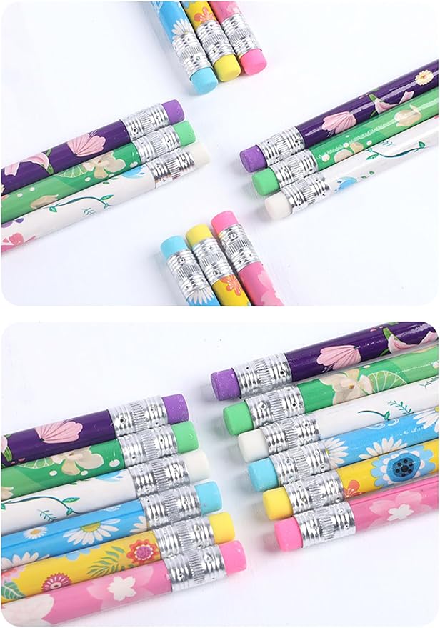 24pcs Flowers Pencils with Eraser Wood Pencils Bulk (Flowers, 24)