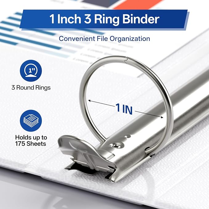 GNL 3 Ring Binders 1 Inch Economy 12 Packs White, 1" Three Ring (Fits 175 Sheets of 8.5x11 Paper) Clear View PVC-Free & Non-Stick for School or Office Supplies