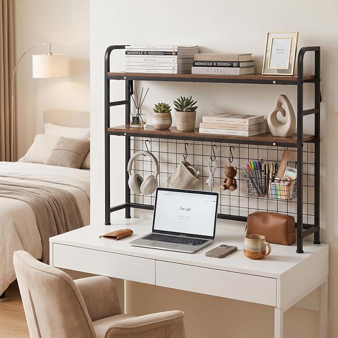 2-Tier Desktop Bookshelf Organizer, Dorm Desk Hutch with DIY Grid | Desktop Bookshelf Organizer With Metal Grid Panel, Desktop Bookshelf Organizer For Dorm, Office Or Home, Rustic Brown