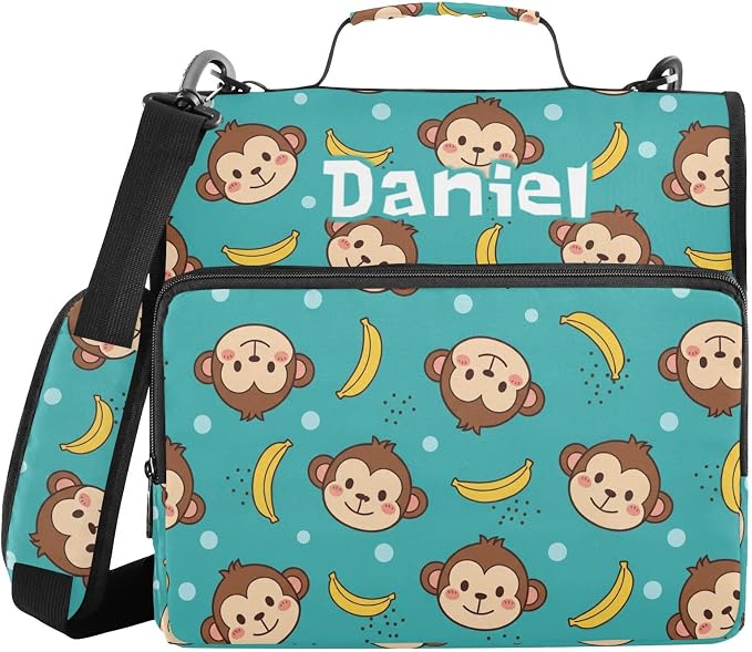 Custom Cartoon Animals Teal Print 3 Ring Zipper Binder with Shoulder Strap & Handle 1.5 Inch D-Ring Zippered Bag with Multiple Pocket, Personalized Binder Organizer for School or Office