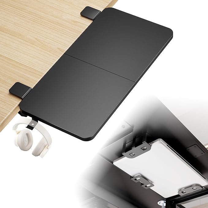 Desk Extender Tray, 24" x 12", with Laptop Holder, Medium, Black | Desk Extension, Clamp on Desk Shelf, Clamp On Keyboard Tray for Office and Home, Workstation Organizer