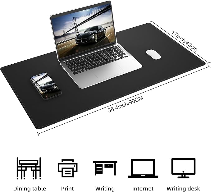 AFIING Desk Mat 35.4" x 17", Cork & PU Leather Desk Pad, Black | Large Mouse Pad, Waterproof Desk Protector, Office Desk Mat & Laptop Blotter