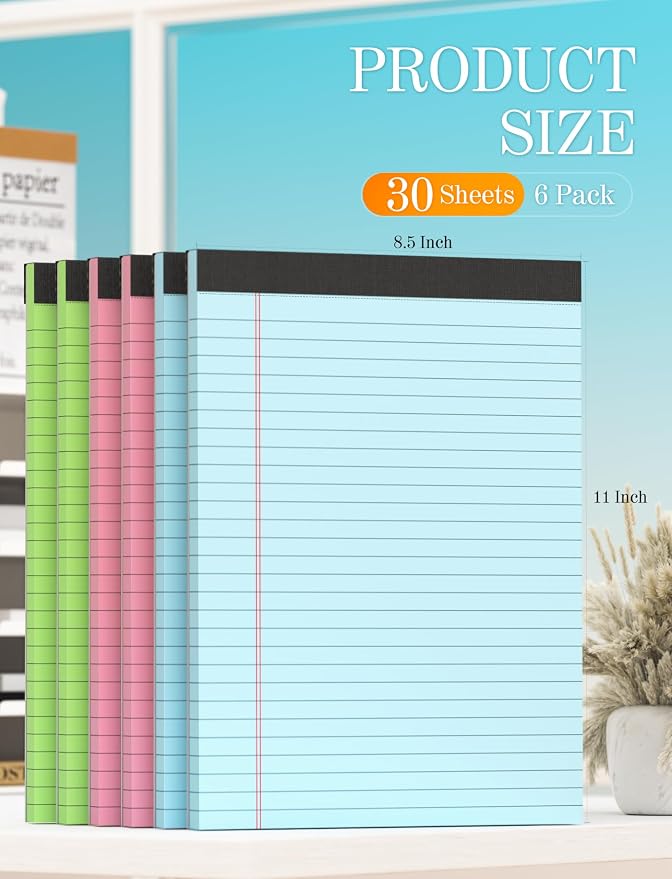 6 Pack Legal Pads 8.5 x 11, Colored Legal Pad Wide Ruled Colored Note Pads