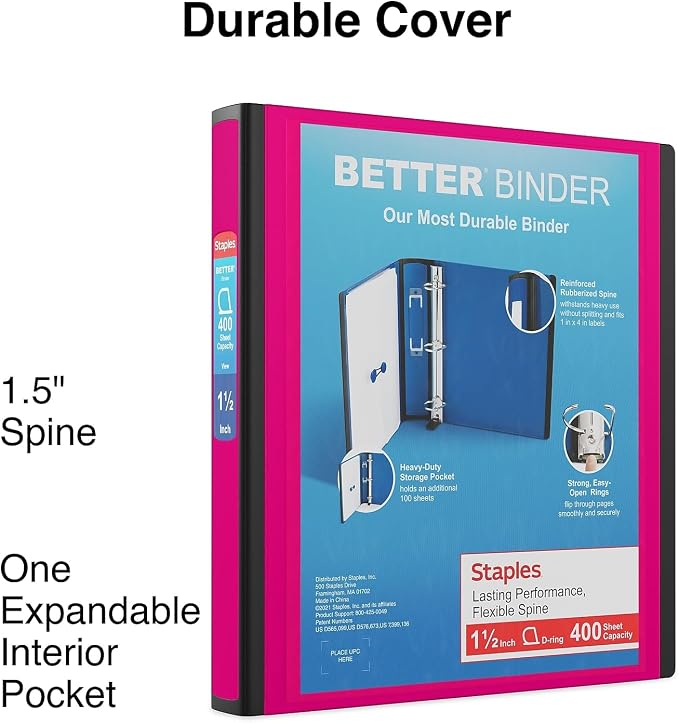 Staples Better 1.5-Inch 3-Ring Binder, Pink, Heavy-Duty | Durable binder built for school and office document organization.