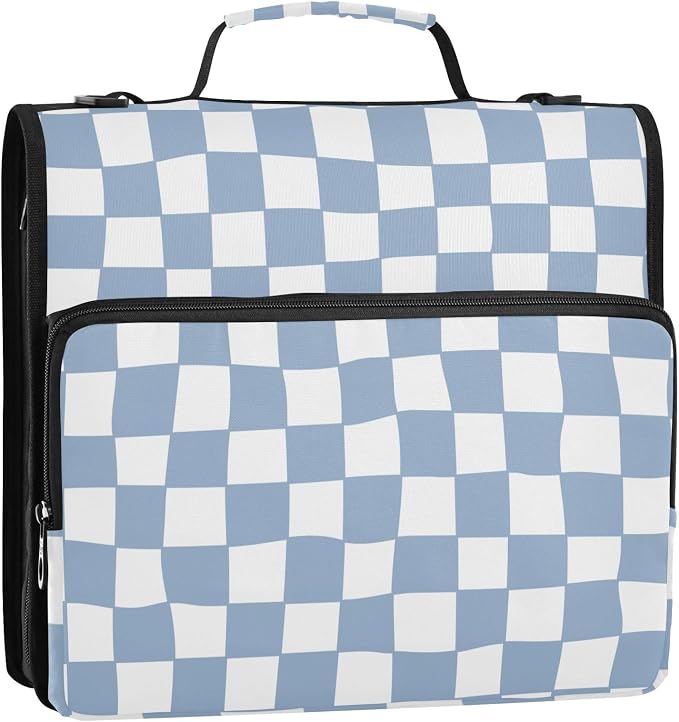 Distorted Blue Check Plaid Zipper Binder with Shoulder Strap Bag 3 Ring Binder Organizer Large Capacity Multiple Compartments for School Office