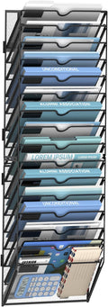 16-Tier Wall File Organizer and Hanging File Organizer, Black | Wall Organizer and Wall Mounted File Holder with 16 Pockets and Label Panels for Files, Mail, Folders, Magazines and Paper