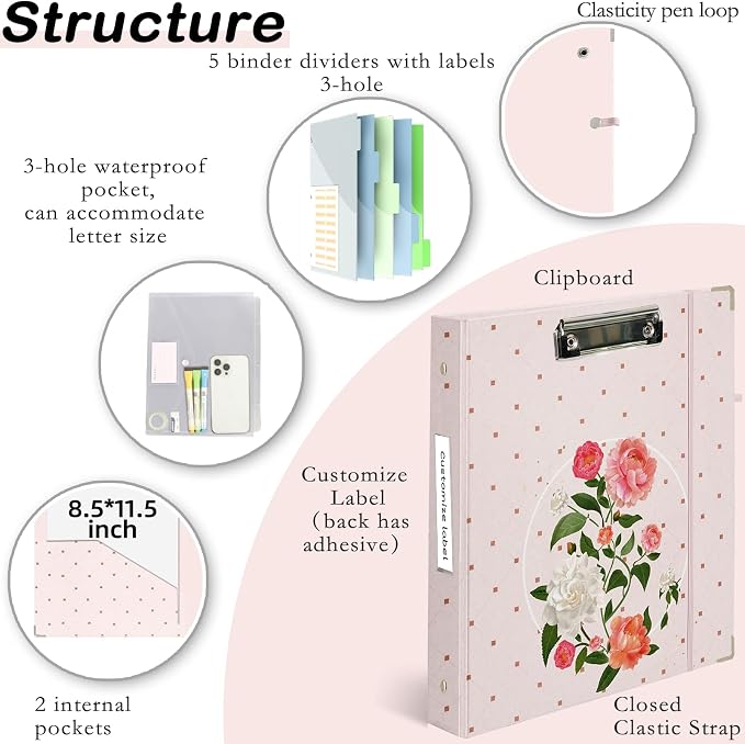 3 Ring Binder 1 inch with Clipboard - Soft Pink Floral Design, Includes Dividers, File Bag & Spine Label - Perfect for Students, Teachers, and Professionals, Holographic Waterproof Film