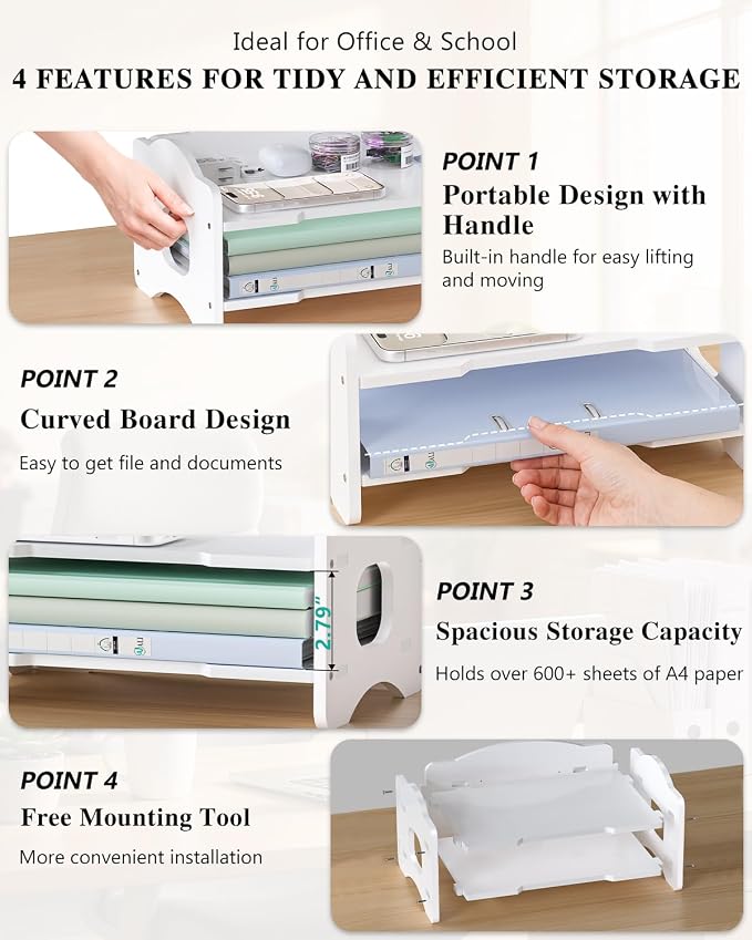 WALI Desk File Organizer, 2 Tier Stackable Desktop Paper Letter Tray Organizer with Handle, Office Desk Accessories & Workspace Organizers for Office, Home, School Supplies, 1 Pack, White