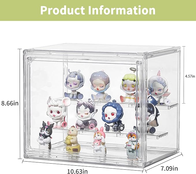 Acrylic Display Case for Collectibles, 3 Tier Figure Display Box | Clear Stackable Display Case with Magnetic Door, Interlocking Design, 2 Movable Plates, Small Easy Assembly Showcase