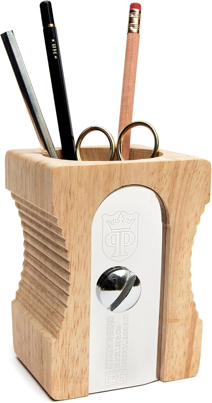 Suck UK Pen Holder - Wooden Pencil Sharpener - Stationary Organiser - Desk Tidy - Quirky Office Desk Accessories - Funny Pencil Pot Novelty Pen Holder - Vintage Teacher Gifts For Men - Light