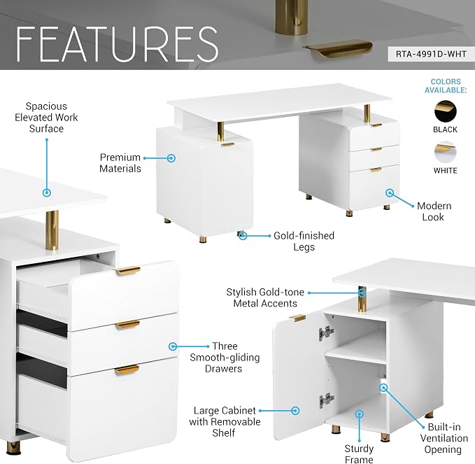 Techni Mobili 57"W Computer Desk w/ 3 Drawers & Storage Cabinet, White/Gold | Home office workstation, durable construction, everyday productivity, Ideal for home office, Workspace organization
