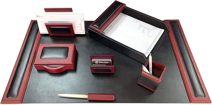 DACASSO Leather Desk Set - Luxury Leather Desk Pad& Desk Organization Essentials - Office Organization & Executive Desk Decor - (Rosewood and Black, 7 Piece)