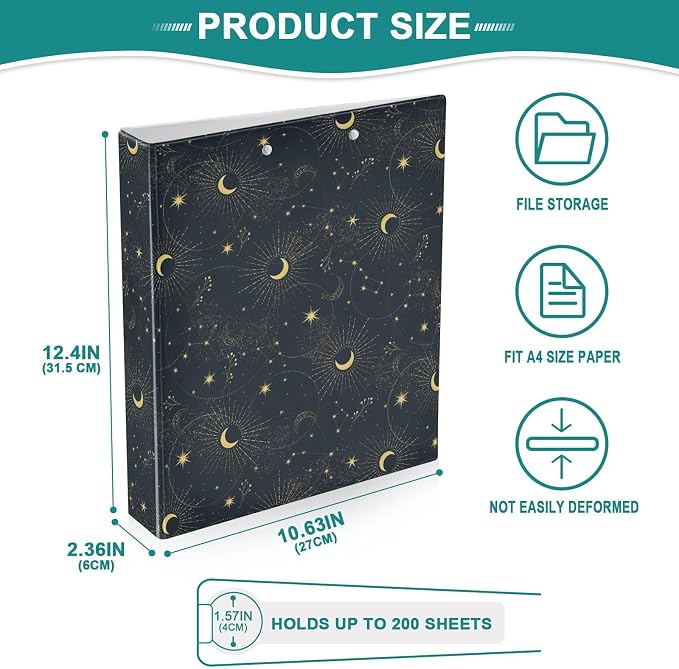 Black and Gold Moon Star Celestial Binder 1.5 Inch Binder with Clipboard&Pockets, Hardcover Binders 3 Ring, Heavy Duty Large File Folder for Office School Supplies - Holds 200 Sheets, 2 Pack