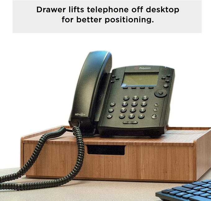 MobileVision Bamboo Telephone Stand with Drawer Stackable Storage Solution for Office Products Pens, Pencils, Scissors, Notepads, Business Cards and More