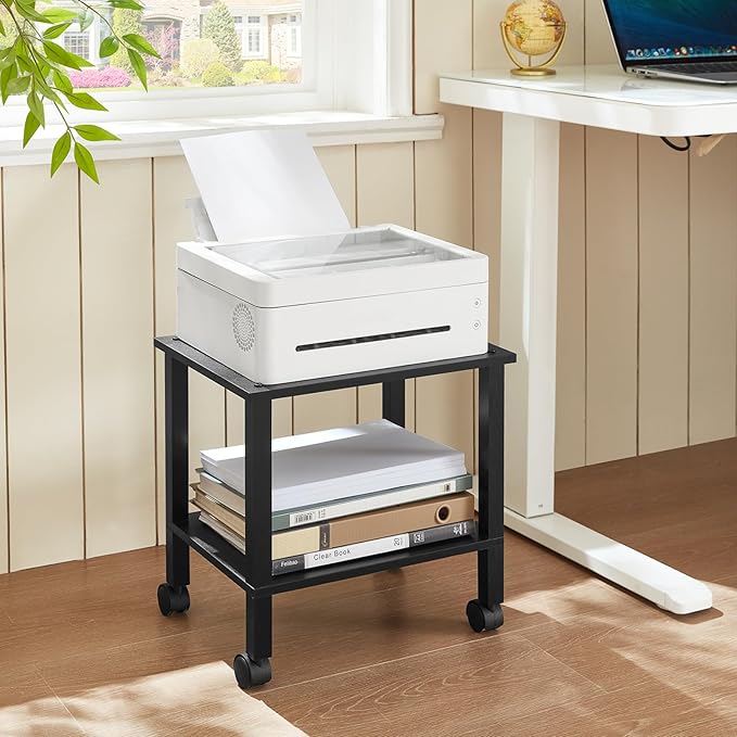 YUFAM 2 Tier Under Desk Printer Stand with Storage, Black | Wooden Small Printer Table for Home Office, Rolling Printer Cart Shelf with Lockable Wheels